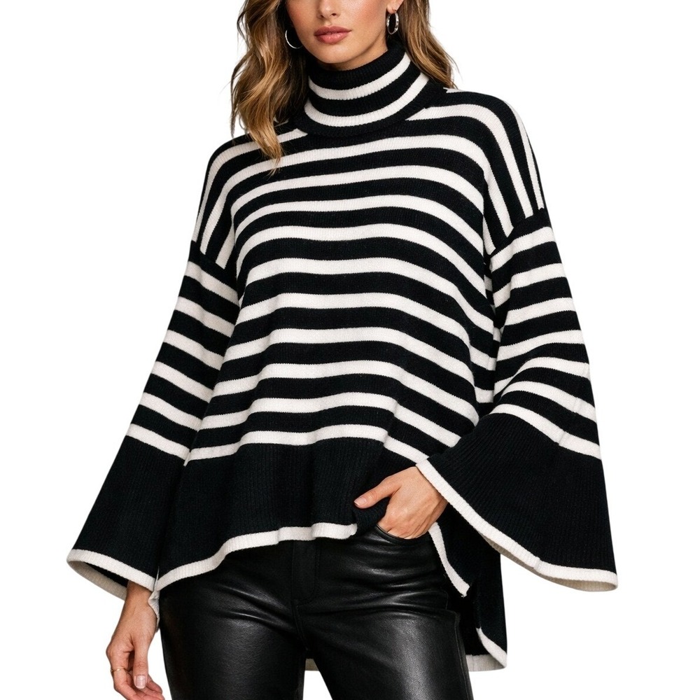 French Connection Retro Black White Striped Mock Neck Bell Sleeve Sweater Size M